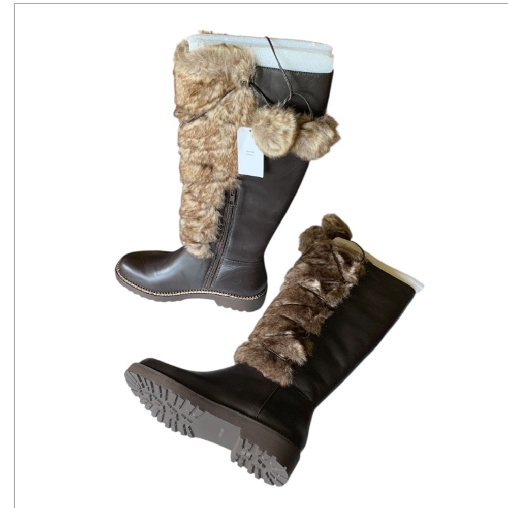 LANDSEND Women’s Lace Up Faux Fur Tall Leather Boots With Pom Poms, Zip Closure - Picture 4 of 13